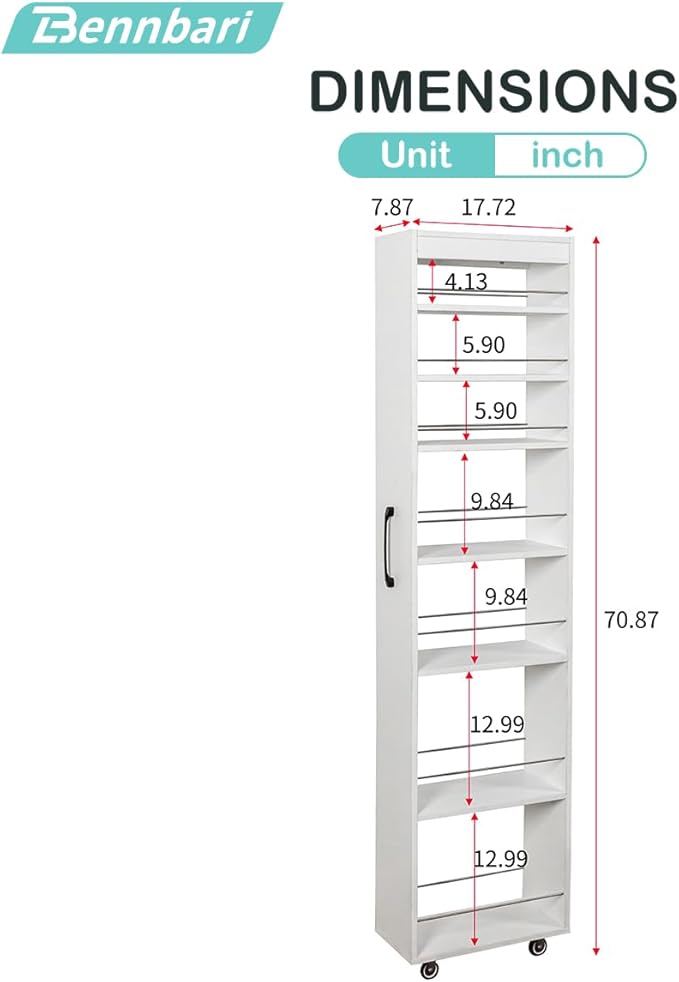 Tall 7-Tier Slim Pull-Out Storage Cart, Narrow Rolling Storage Cabinet with Black Handle for Next to Fridge, Multi-Functional Kitchen Cart, Single-sided open shelf on Wheels for Kitchen (White)