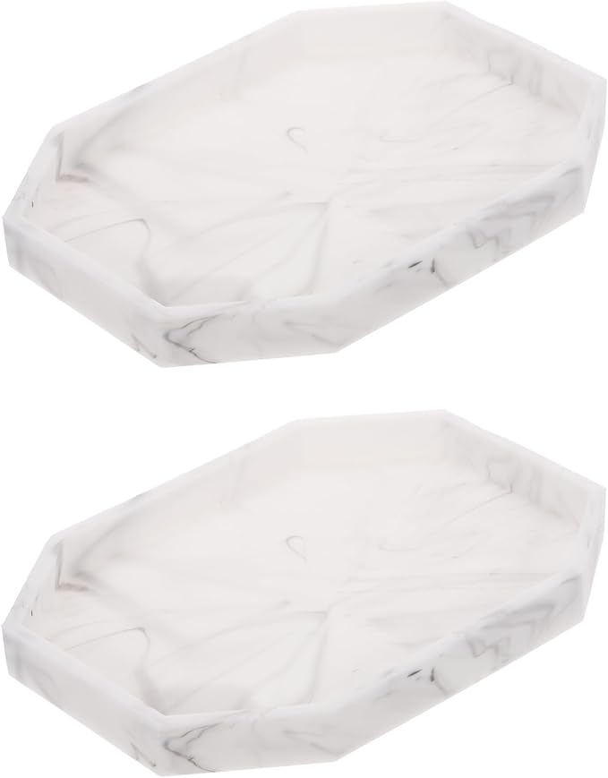 uxcell 2Pcs Bathroom Vanity Tray, 7.9" x 6" Octagon Silicone Soap Dispenser Trays, Shatterproof Kitchen Sink Organizer for Soaps Keys Candle Trinket, Marble White