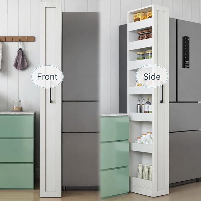 Slim Storage Cabinet, 7 Tier Pull Out Pantry Shelf for Kitchen, Narrow Rolling Storage Cart with Handle, Skinny Spice Rack Next to Fridge for Small Spaces, White