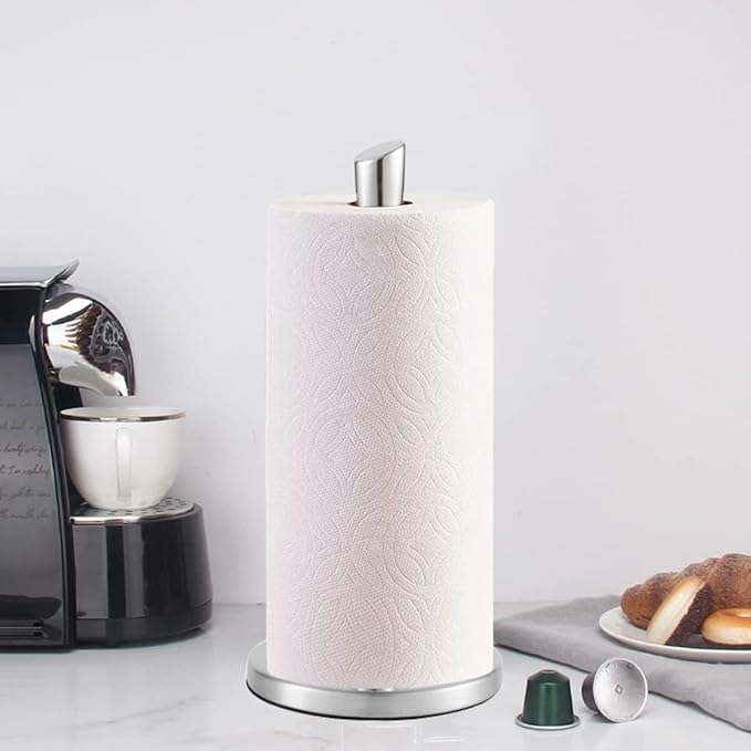 Paper Towel Holder countertop, Free-Standing Kitchen roll Holder for Kitchen Bathroom, Paper Towel Holder Stand Dispenser with Stainless Base Fits Standard (Silver-1)