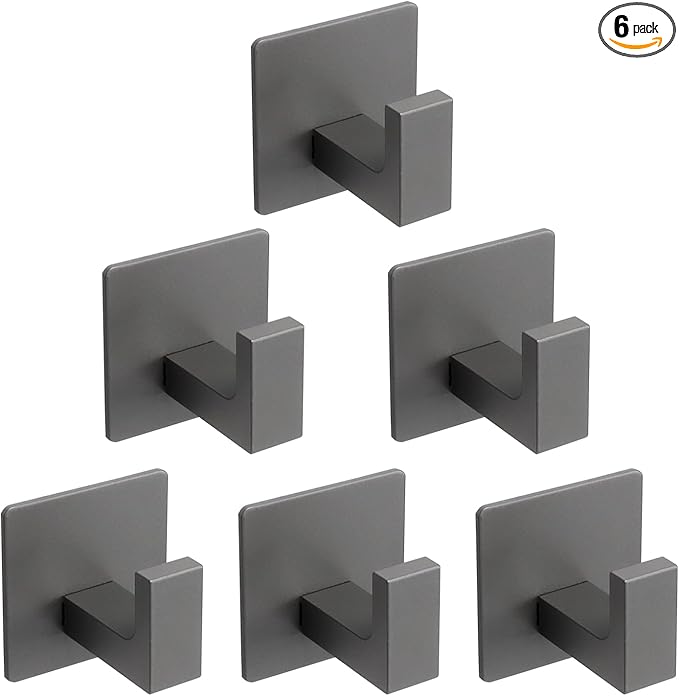 Vanloory Bath Towel Hooks, 6 Pack Self Adhesive Square Coat Hooks, Sturdy No Drilling Robe Hook, Heavy Duty Aluminum Clothes Hanger, Wall Hooks for Bathroom Bedroom Kitchen (2 in, Grey)