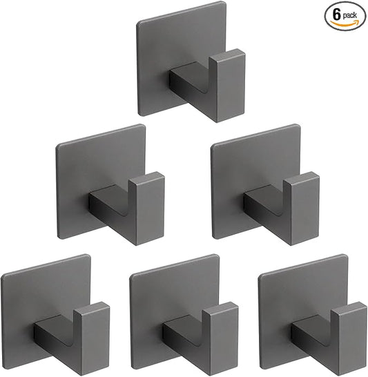 Vanloory Bath Towel Hooks, 6 Pack Self Adhesive Square Coat Hooks, Sturdy No Drilling Robe Hook, Heavy Duty Aluminum Clothes Hanger, Wall Hooks for Bathroom Bedroom Kitchen (2 in, Grey)