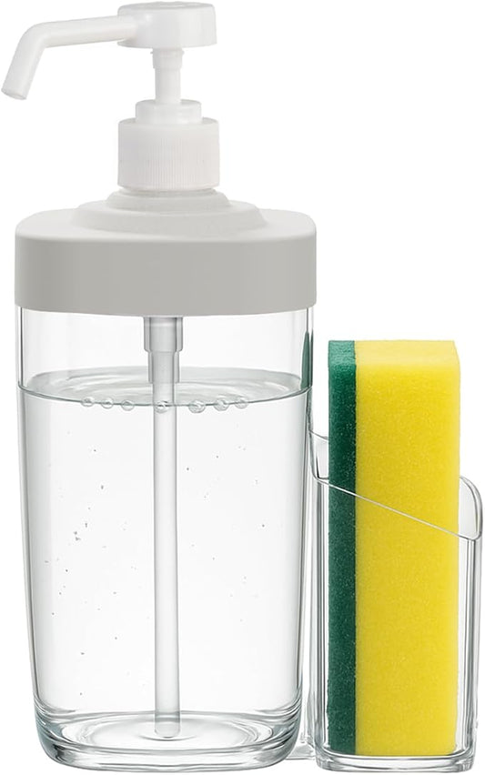 Kitchen Soap Dispenser with Sponge Holder, 800ml Large Capacity Dish Soap Dispenser Caddy, Shatterproof & Rustproof Sink Organizer with Extended Tube, Removable Caddy - Free Funnel Included (White)