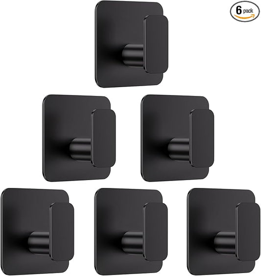 Aikzik Black Hooks for Hanging Heavy Duty, Adhesive Hooks for Shower, Bathroom, Kitchen, Robe, Towel, Coat, Waterproof & Rustproof Hook for Walls No Damage, Sticky Wall Towel Hooks - 6 Pack