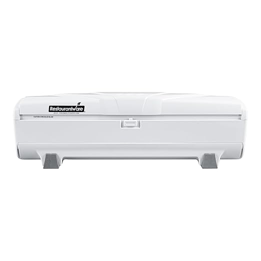 Restaurantware-Chef 101 Food Wrap Dispenser with Cutter, 1 Refillable Cling Wrap Dispenser - Fits 12â€ to 18â€ x 2000â€™ Rolls, Press Down and Cut, White Plastic Aluminum Foil, Sharp Blade