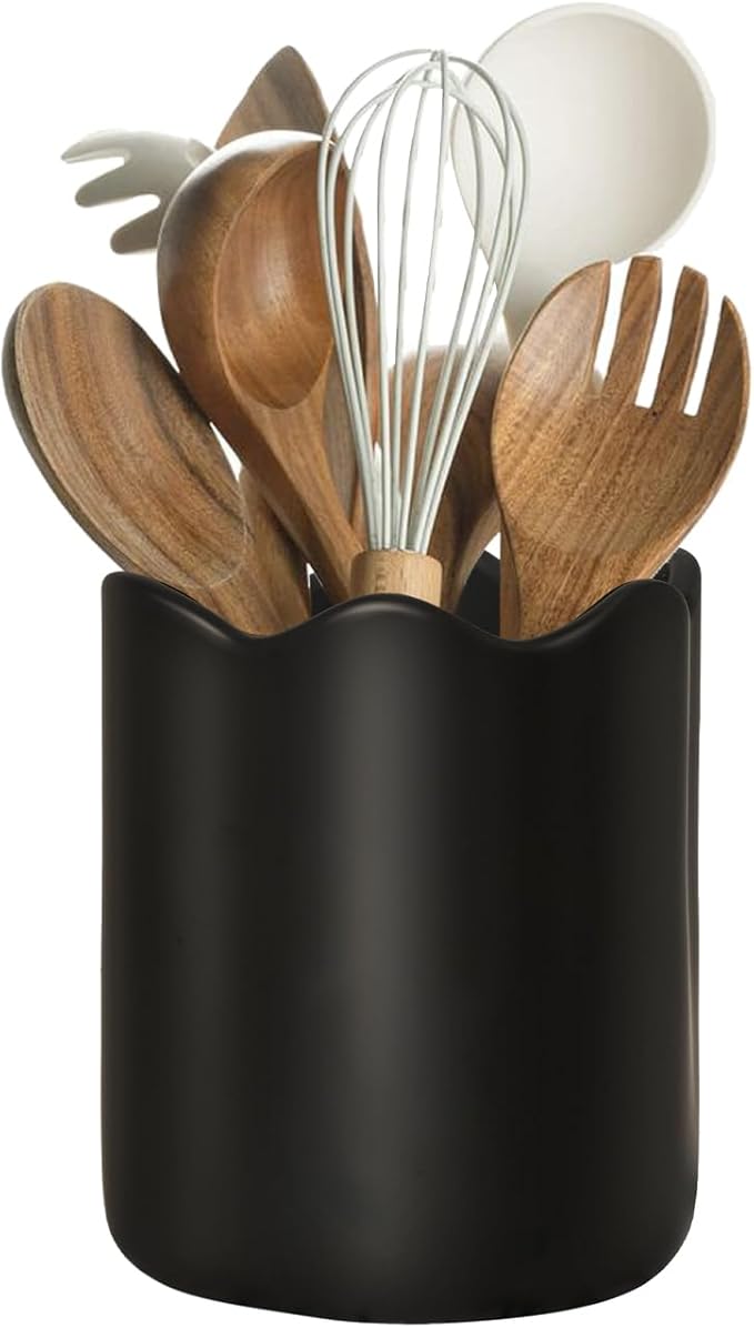 Ceramic Utensil Holder for Kitchen Counter, 6.2" Kitchen Utensil Holder with Cork Bottom for Countertop, Modern Scalloped Cooking Tool Organizer for Spatula, Black