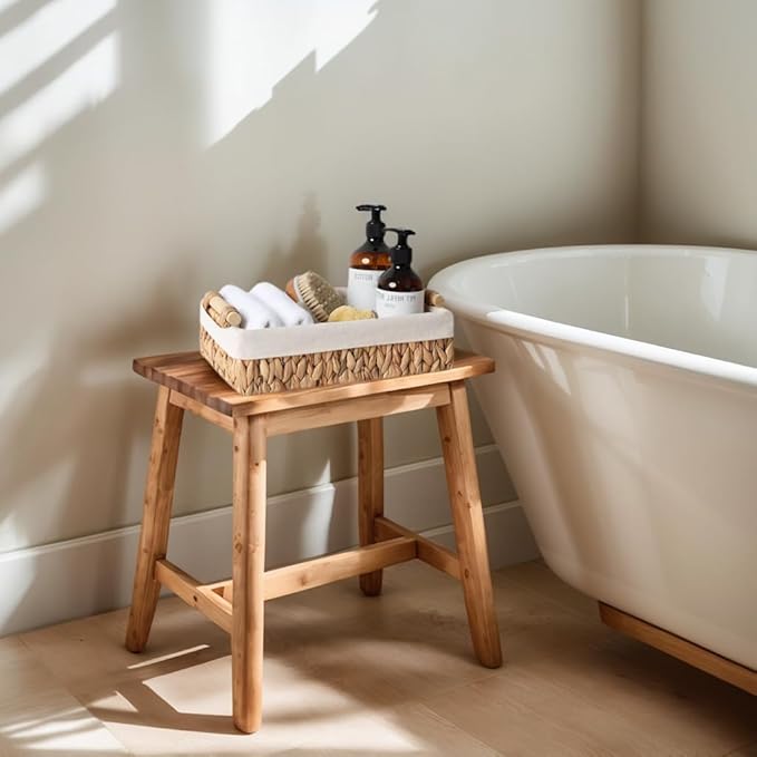 Water Hyacinth Woven Storage Baskets with Wooden Handles, Natural Decorative Organizer Bins with Liner for Bathroom, Countertop, Shelf & Toilet Tank – Set of 2
