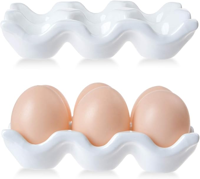 Ceramic 6 Cups Egg Tray - Half Dozen Porcelain Egg Holder Container Keeper Storage Organizer Decorative Serving Dish Plate for Refrigerator Fridge Countertop Display Kitchen Home (White)