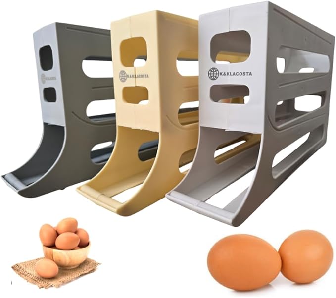 K&KLACOSTA 4 Tier Egg Tray, Automatic Egg Rolling Dispenser Rack for Storing Organizing Distributing and Rolling Eggs in Refrigerator Stackable, in Kitchens, Cabinets, Dining Grey (Grey, Regular)