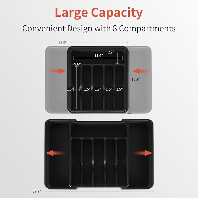 Expandable Silverware Drawer Organizer – Adjustable Utensil Tray & Cutlery Organizer, BPA-Free Plastic Flatware Divider, Non-Slip Kitchen Drawer Organizer (Fits 12–22” Drawers, 8 Compartments)