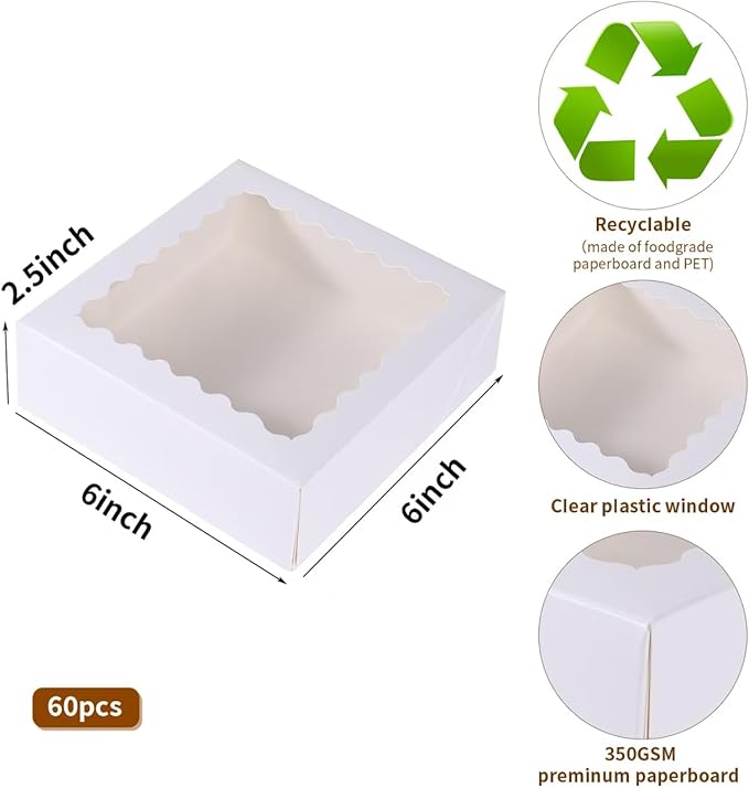 60 pcs 6x6x2.5 Inches Cake Box with Window, Bakery Pastry Cookie Boxes, Mini Pie for Pastry,Dessert,Strawberries,Chocolates (White, 6x6x2.5 Inch)