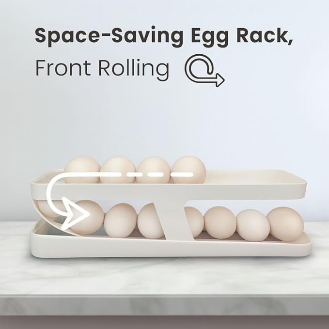 Rolling Egg Dispenser for Refrigerator – Space-Saving Fridge Egg Organizer, BPA-Free Durable Plastic Tray, Easy to Clean, Holds 12–14 Eggs, Modern Kitchen Storage