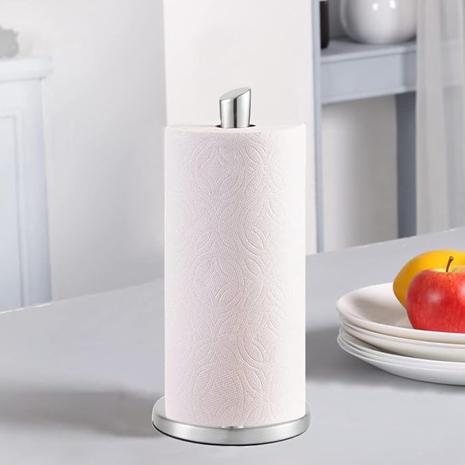 Paper Towel Holder countertop, Free-Standing Kitchen roll Holder for Kitchen Bathroom, Paper Towel Holder Stand Dispenser with Stainless Base Fits Standard (Silver-1)