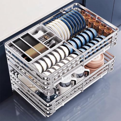Stainless Steel Pull-Out Kitchen Drawer Organizer, Telescopic Slide-Out Cabinet with Rust-Proof Wire Basket, Damping Buffer Tracks & Drain Pan for Space-Saving Storage of Pots, Pans & Pantry Items