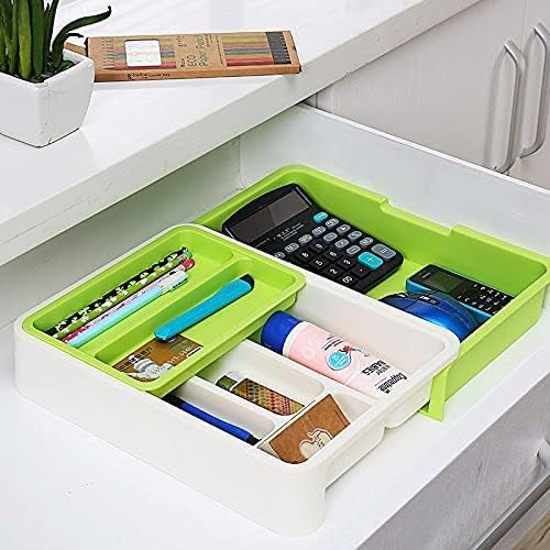 HornTide 3-in-1 Cutlery Tray, Expandable Utensils Holder, Plastic Kitchen Drawer Organizer for Silverware Storage and More - Green