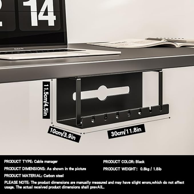 Under Desk Cable Management 12'' Tray Wires Organizer Power Strip Management No Drill Under Table Organizer for Cable Storage (BLACK-30CM)