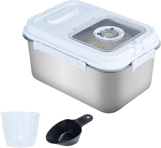 Airtight Stainless Steel Food Storage Container 20lb - Kitchen & Pantry Canister for Rice, Flour, Sugar, Baking Supplies with Measuring Cup & Spoon (Silver)