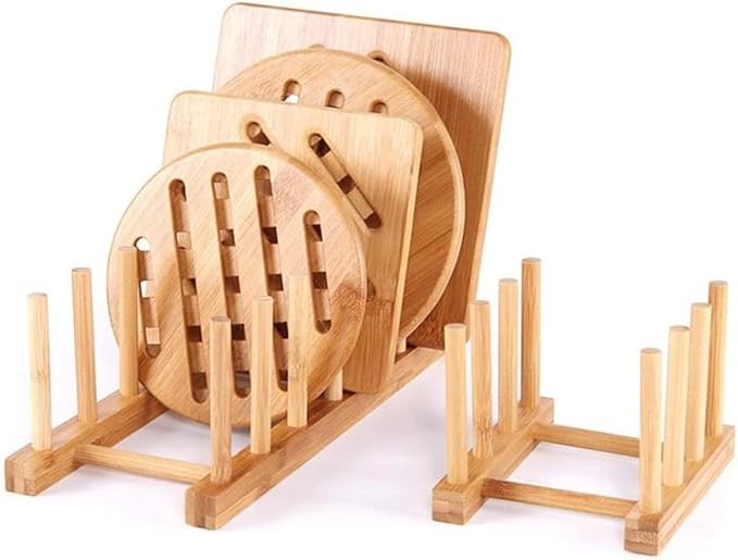 YWSHF 4 PCS Bamboo Wooden Dish Rack Dishes Drainboard Drying Drainer Storage Holder Stand Kitchen Cabinet Organizer for Dish,Plate,Bowl,Cup Pot,Lid,Book