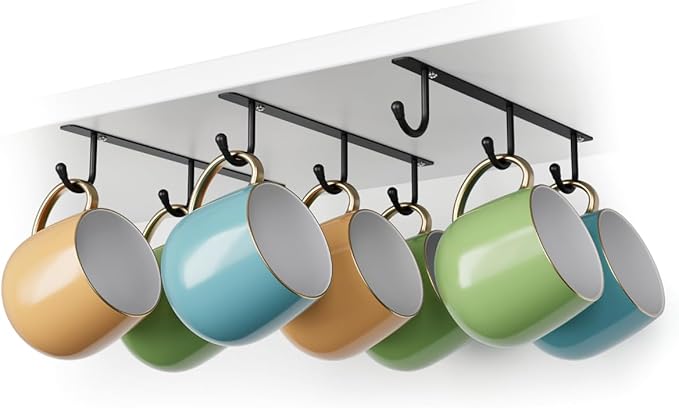ECROCY Coffee Mug Holder Under Cabinet, Easy Screw Mounting, 3 Pack Mug Rack with Wide Hook Spacing, Sturdy Mug Hooks Space-Saving