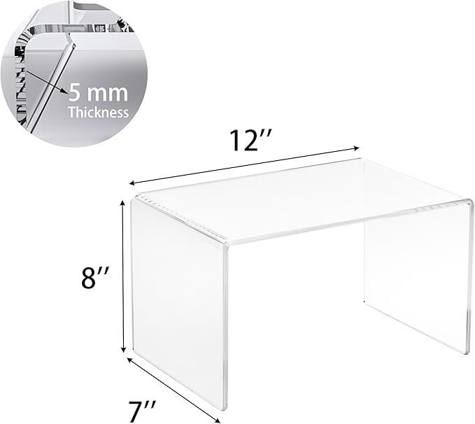 CLAY TONIC 2-Pack Large Clear 5MM Thickness Acrylic Display Risers for Kitchen Organizer and Storage,Display Food, Pantry Cabinet Shelf, Retail Display (2, 12x7x8 Inche)