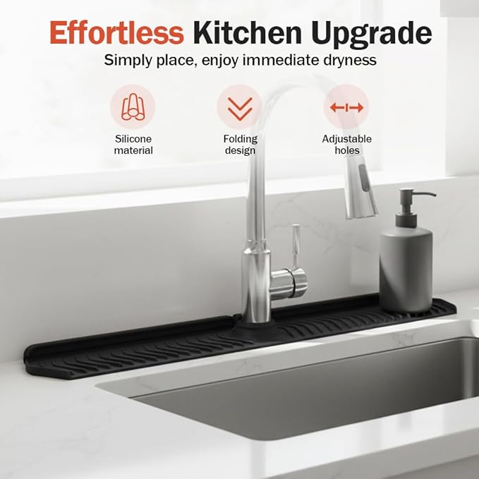 Foldable Kitchen Sink Faucet Mat, 76CM Thickened Faucet Mat for Kitchen Sink, Multi-Purpose Splash Guard & Drying Pad with Adjustable Holes & Snap Lock (Black)