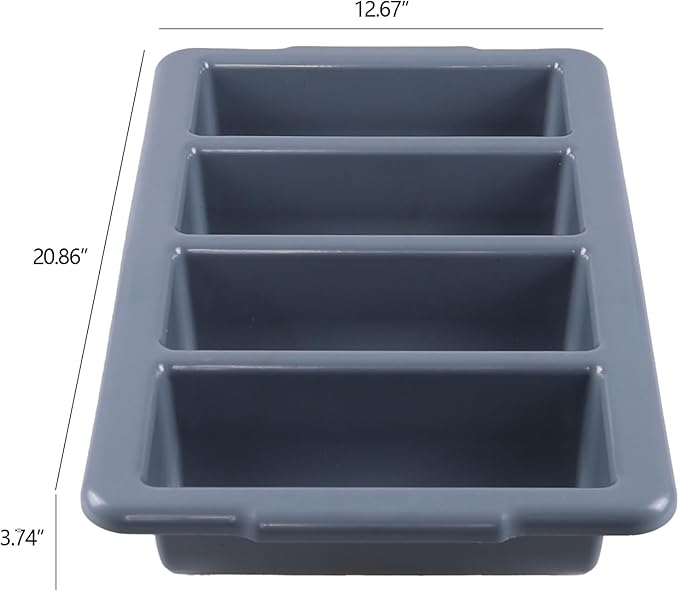 4 Pack Plastic 4-Compartment Commercial Cutlery Bin, Plastic Restaurant Silverware Holder Tray, Grey