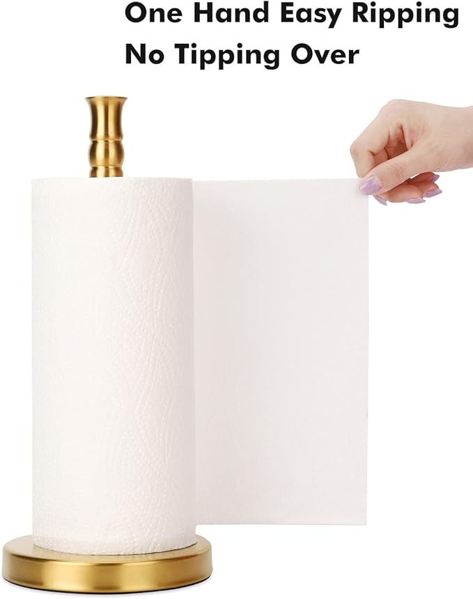 Gold Paper Towel Holder Stand Countertop with Heavy Weighted Stainless Steel Base, Free Standing Paper Towel Holder (Gold Brushed)