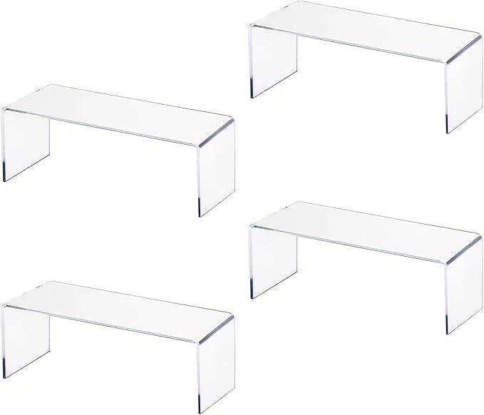 4 Packs Multipurpose Acrylic Mug Organizer for Kitchen Cabinets,Display Narrow Risers,Kitchen & Retail,Craft Shows,Lego & Candle Display,Spice Rack for Dishes, Spices,and Bottles,12.4 x 4 x 4.6 inch