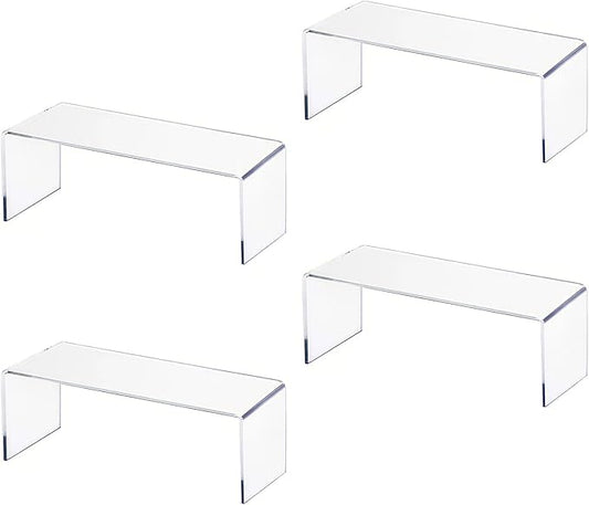 4 Packs Multipurpose Acrylic Mug Organizer for Kitchen Cabinets,Display Narrow Risers,Kitchen & Retail,Craft Shows,Lego & Candle Display,Spice Rack for Dishes, Spices,and Bottles,12.4 x 4 x 4.6 inch