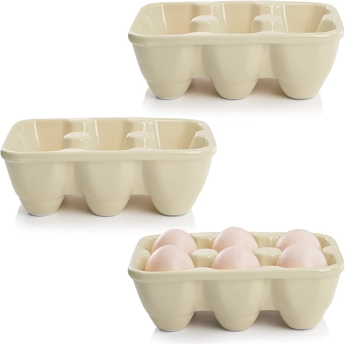 DEAYOU 3-Pack 18 Cups Ceramic Egg Tray, 6-Cup Porcelain Egg Holder Container, Decorative Egg Keeper Storage Organizer, Small Egg Dispenser Serveware for Countertop, Fridge, Serving, Kitchen, Yellow