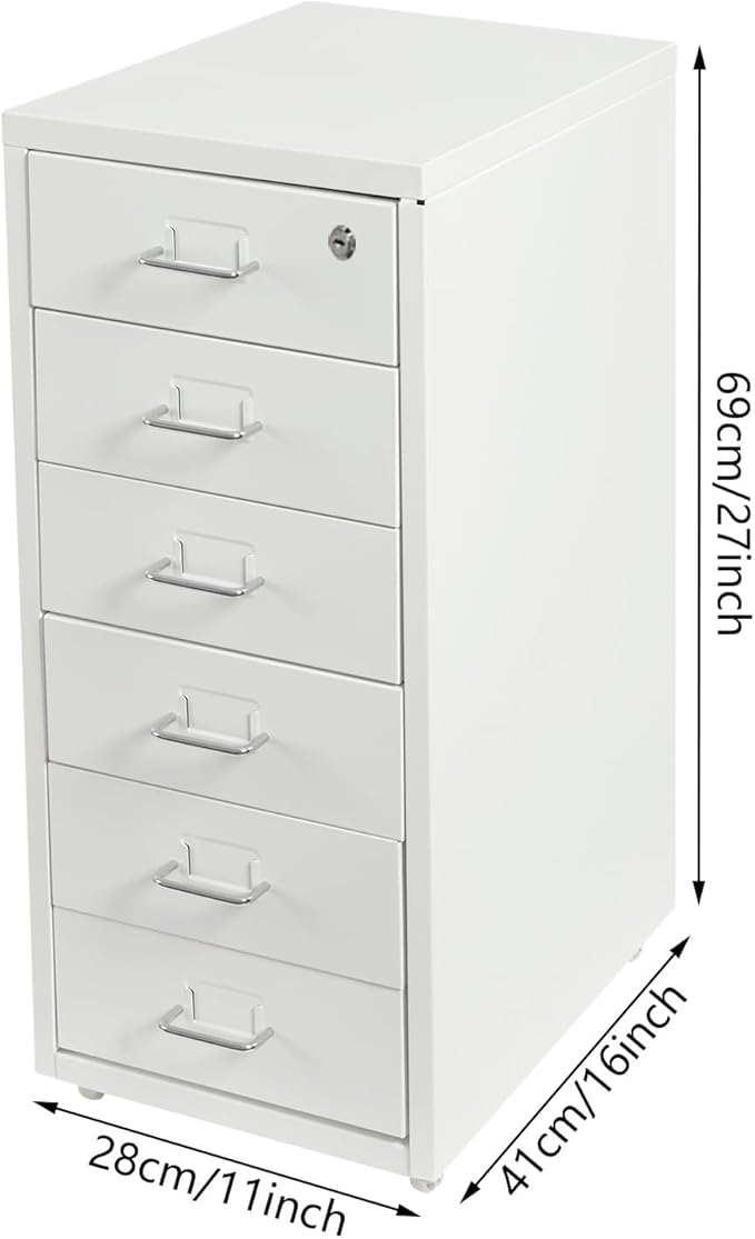 Vertical Metal File Cabinet with Lock, 6 Drawer Rolling Filing Cabinet on Wheels for A4 Legal and Letter Size Small Mobile File Organizer Cabinet for Home Office, 11x16x27in White