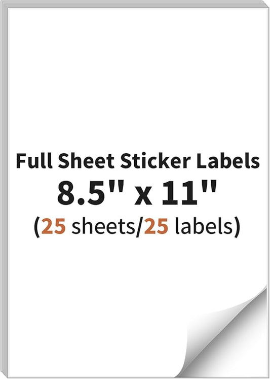 MultiLabel Full Sheet Sticker Labels, 8.5" x 11", 25 Sheets, 25 Labels, White Matte Paper, Compatible with Inkjet & Laser Printers