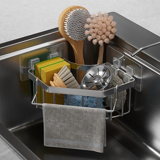 Corner Sink Organizer, Silver Stainless Steel Sponge Holder with Towel Bar, Self-Adhesive Kitchen Storage Rack, 6.3x6.3x3.2 Inches
