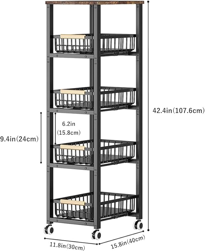 CarolynDesign Metal Wire Baskets with Wheels, Kitchen Storage Stackable Vegetable Fruit Cart Bins with Pull Out Wooden Handel Mat Bottom Sliding Dawers, for Bathroom, Garage and Pantry