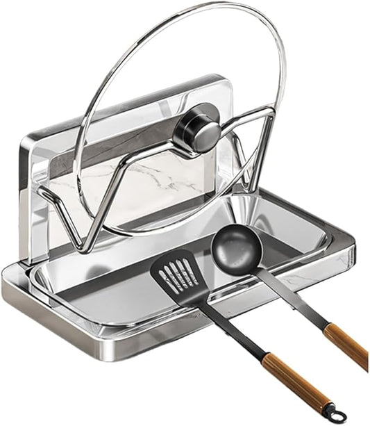 Kitchen Pot Lid Storage Rack, Pot Lid Holder With Tray, Lid Holder While Cooking, Lid And Spoon Rest, Multifunctional Kitchen Organizer Stand for Stove Top (Countertop, Single-layer)