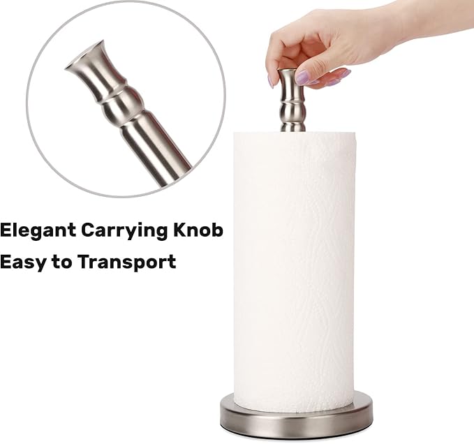 Paper Towel Holder Stand Countertop with Heavy Weighted Stainless Steel Base, Free Standing Paper Towel Holder (Brushed Nickel)
