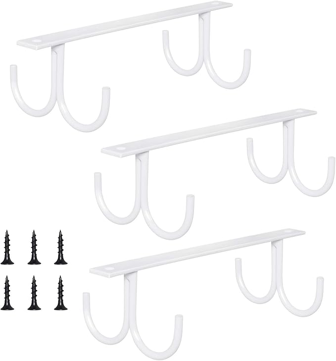 MOCOUM Under Cabinet Mug Rack, Rustic Mug Organizer Rack Cup Holder Under Shelf 12 Hanging Hooks Rack for Mugs, Coffee Cups and Kitchen Utensils Display (White-3 Pack-12 Hooks)