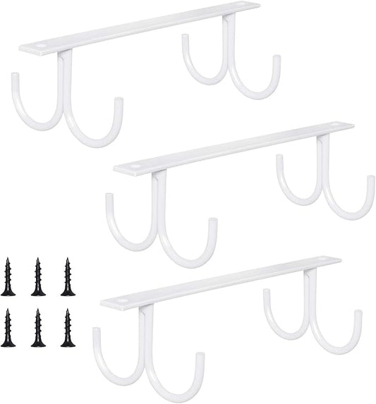 MOCOUM Under Cabinet Mug Rack, Rustic Mug Organizer Rack Cup Holder Under Shelf 12 Hanging Hooks Rack for Mugs, Coffee Cups and Kitchen Utensils Display (White-3 Pack-12 Hooks)