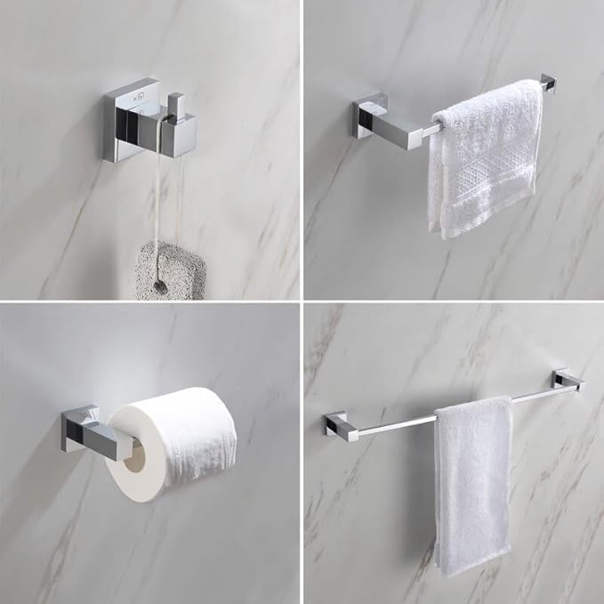 KIBI Cube 5-Piece Bathroom Hardware Set | Includes 24-Inch Towel Bar, Towel Ring, Toilet Paper Holder, and Robe Hooks | Wall-Mounted Solid Brass Accessories | Chrome Finish, C-KBA15-5