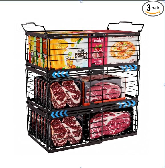 3PCS Freezer Organizer Bins,Stackable Chest Freezer Organizer for 7 Cu.FT Deep Freezer Sort Frozen Food, Easily Get Food from the Bottom with Side Handles Add Storage Space