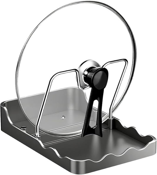 Kitchen Pot Lid Storage Rack, New Multifunctional Stainless Steel Pot and Pan Organizer with Removable Drip Tray, Lid Holder While Cooking, Lid And Spoon Rest (Gray Single)