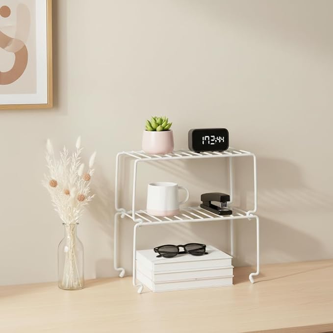 2-Pack Small (10.8x5.3inch) White Stackable Shelf Organizer Rack, Kitchen Shelves Organization for Cabinet, Pantry Organizers and Storage, Wire Shelf Rack, Desk Organizer, Rustproof