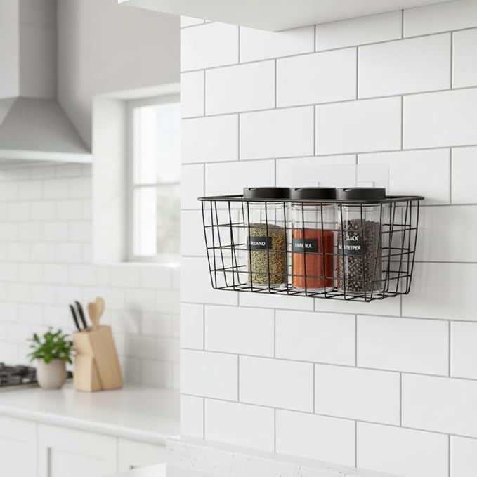 Hanging Kitchen Baskets Adhesive Sturdy Wire Storage Baskets with Kitchen Food Pantry Bathroom Shelf Storage No Drilling Wall Mounted,Black,4 Pack