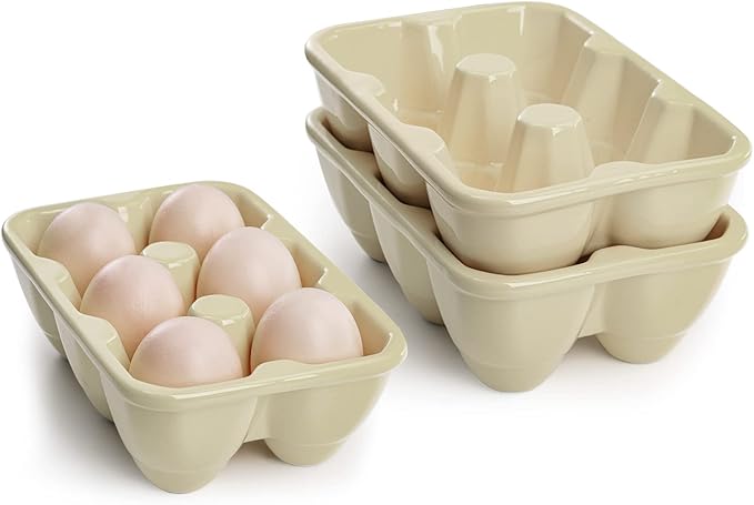 DEAYOU 3-Pack 18 Cups Ceramic Egg Tray, 6-Cup Porcelain Egg Holder Container, Decorative Egg Keeper Storage Organizer, Small Egg Dispenser Serveware for Countertop, Fridge, Serving, Kitchen, Yellow
