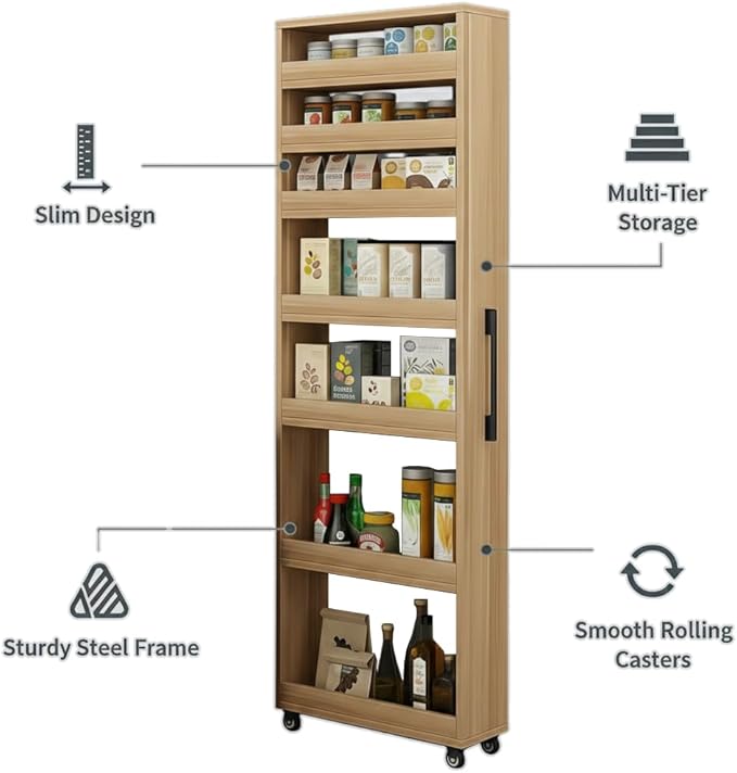 7 Tier Slim Rolling Storage Cart with Wheels, Narrow Storage Cabinet for Small Spaces, Mobile Spice Rack Organizer for Kitchen, Pantry, Baking Room, Dining Room(Wood,9.8"x17.7"x72.4")