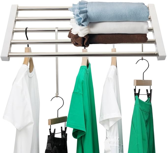 Hershii Expandable Closet Shelf Wardrobe Rail Metal Hanging Rod Storage Rack Adjustable Clothes Divider Separator Organizer for Cabinet Cupboard Kitchen Bathroom, (21.65''-35.43'') X 9.84''