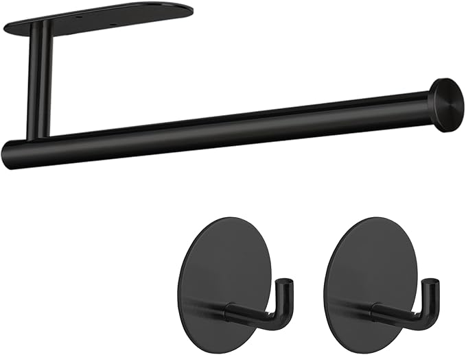 Paper Towel Holder with 2 Hooks-Under Cabinet Paper Towel Holder for Kitchen, Self-Adhesive or Screws, Space Saving Wall Mounted Kitchen Roll Holder, Bathroom, Stainless Steel Matte Black