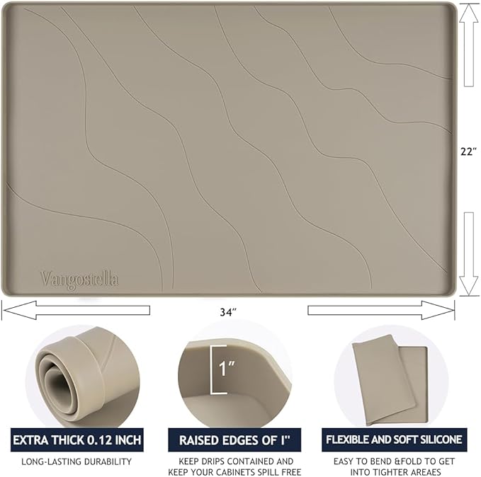 Vangostella Heavy Duty Silicone Under Sink Mat for Kitchen&Bathroom 28" x 19", Waterproof Under Sink Rubber Mat Drip Tray, Raised Edge Under Sink Liner,Prevent Drips, Leaks, Spills,Brown