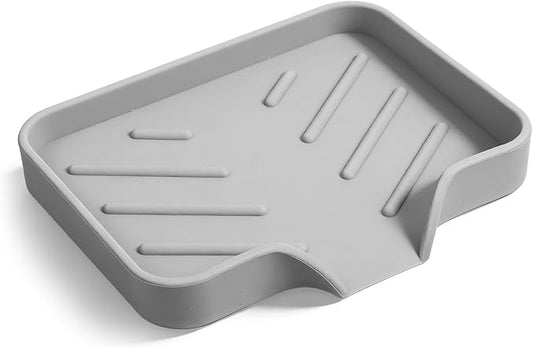 Silicone Bathroom Soap Dishes with Drain Spout Soap Dispenser Tray Sponge Holder Self Draining Kitchen Sink Counter Organizer Caddy for Dispenser Scrubber Bottle Cup(Grey)