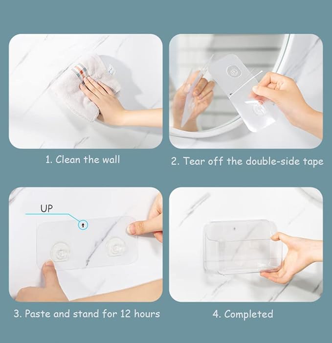 No-Drill Wall Organizer Bin – Clear Removable Adhesive Storage Box with Drain Holes, PET Plastic, Ideal for Small Items in Kitchen, Bathroom, Cabinet Door – Sandra Series